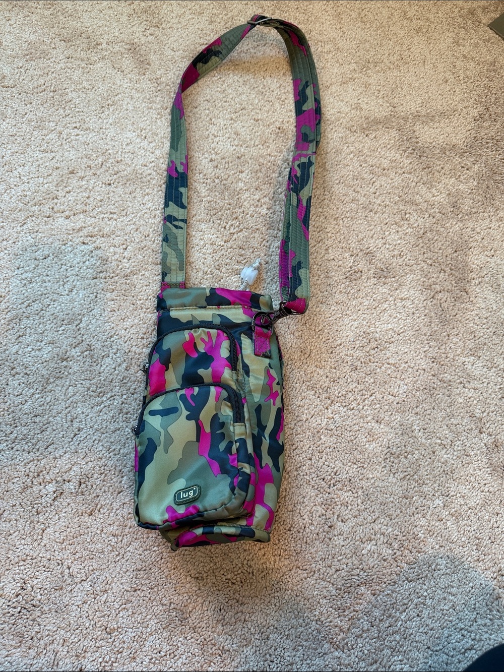 Lug Huggie Insulated Crossbody Water Bottle Holder in Pink and Green Camo.